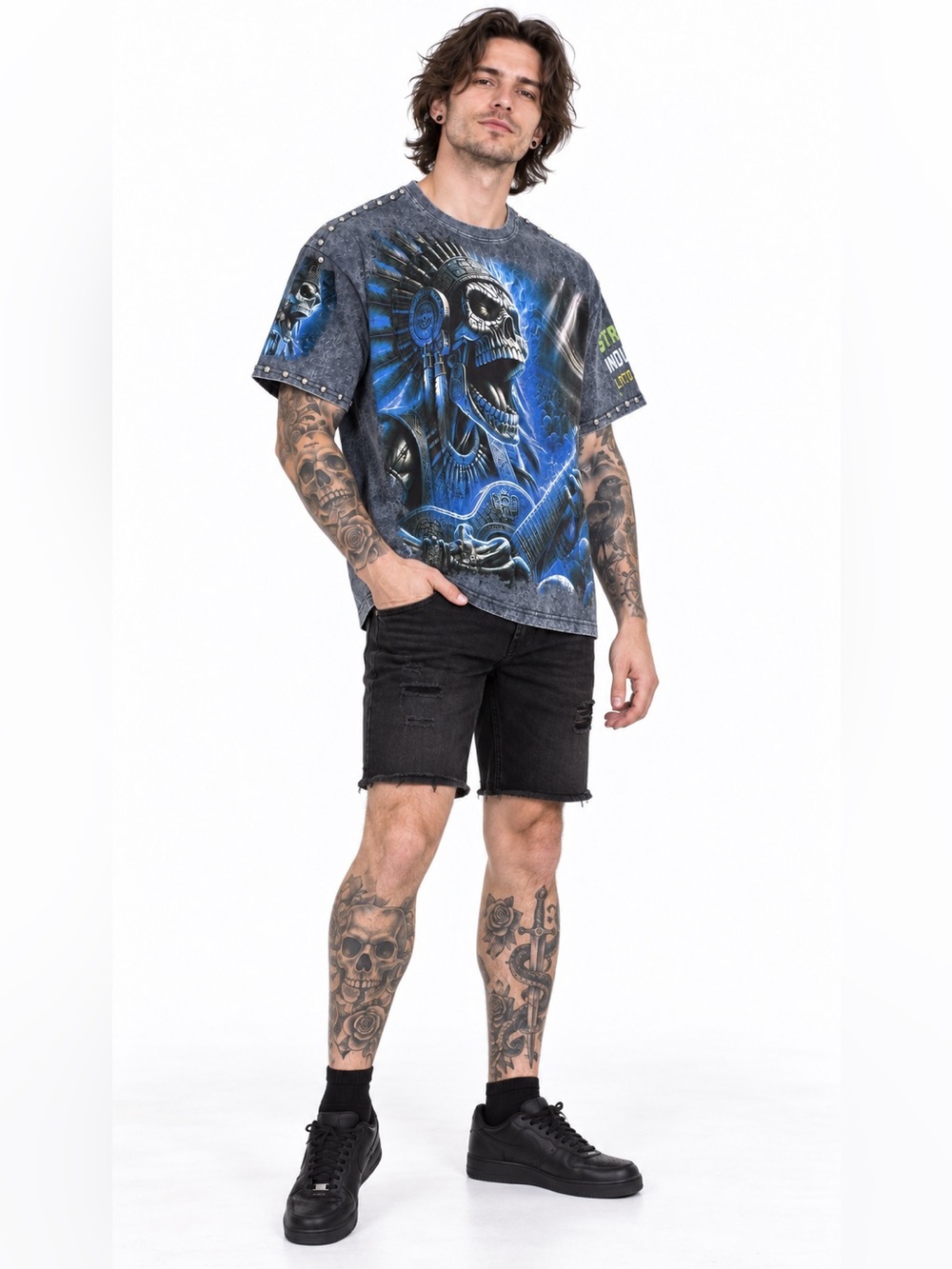 Stray Industries Skeleton Studded Acid Wash Graphic Tee